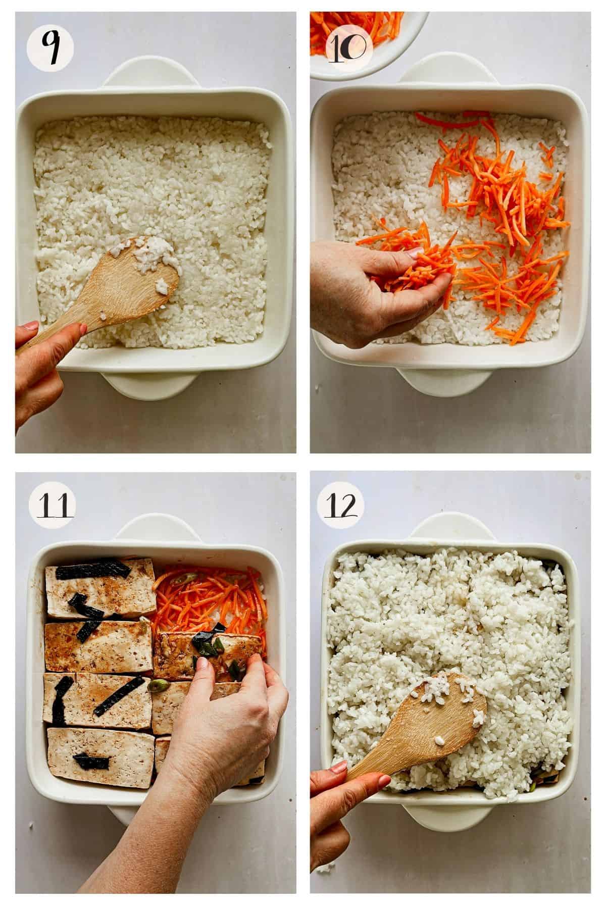 Assembling the base layers of the vegan sushi bake. Step 9 shows rice being pressed into a baking dish. Step 10 shows shredded carrots being layered on top. Step 11 shows marinated tofu and carrots arranged neatly in the dish. Step 12 shows the final layer of rice being spooned over the filling.