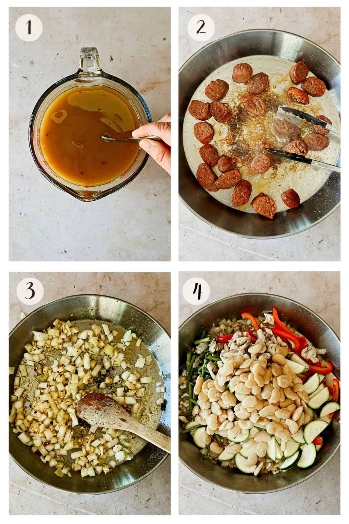 collage of the process of steps 1 to 4. Steeping the saffron, cooking the sausage and the vegetables.