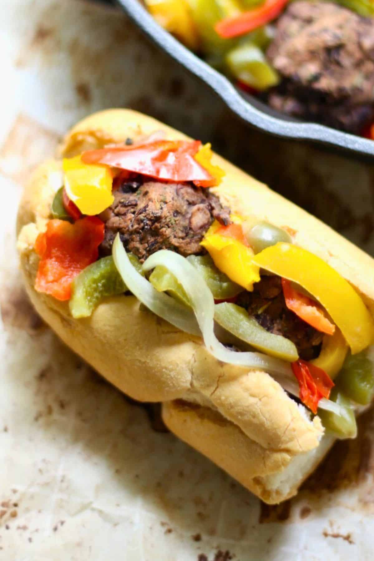 Boardwalk italian sausage sandwich - side angled view.