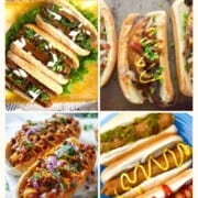 collage of 4 different vegan hot dog or sausage recipes.