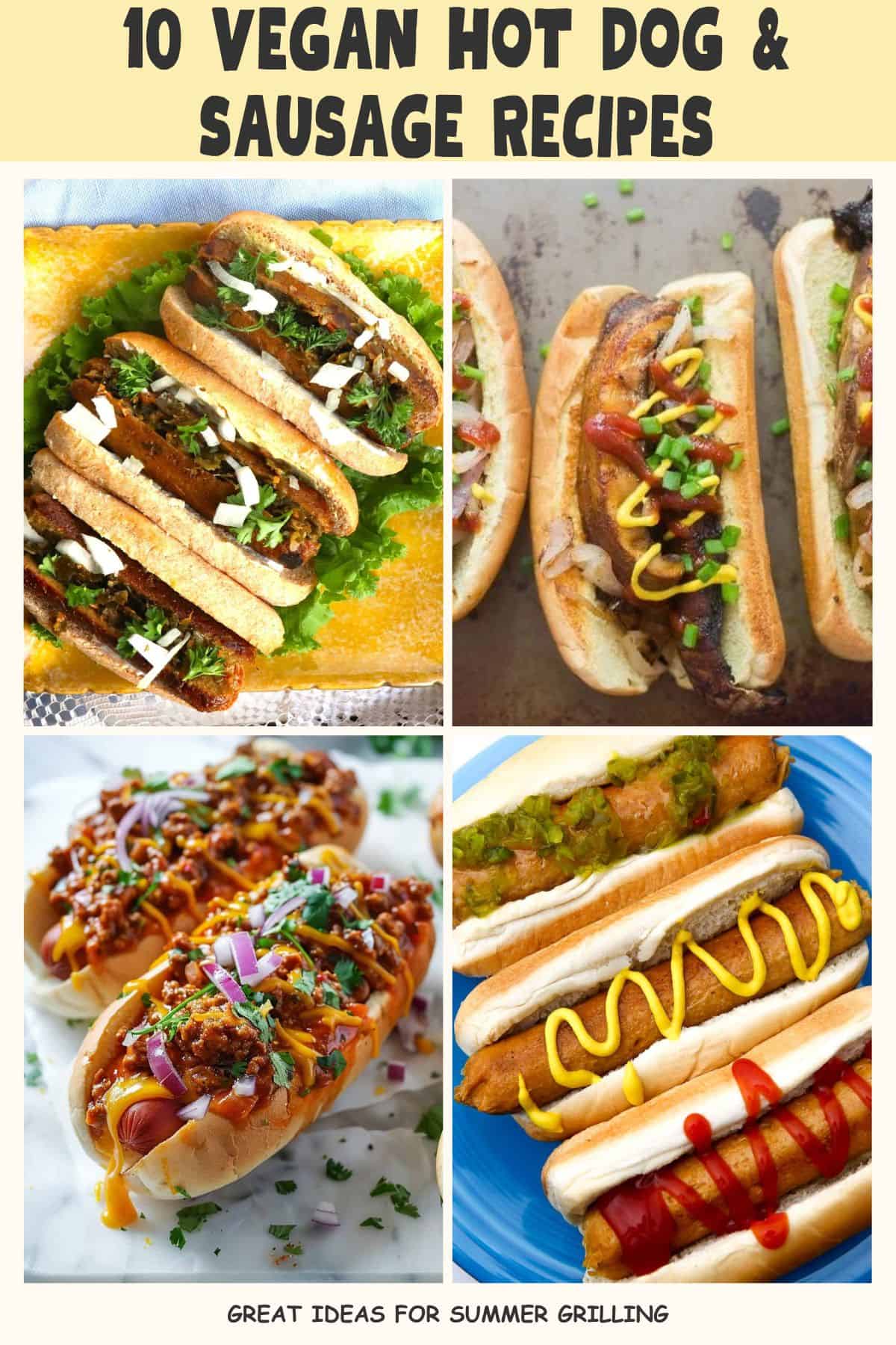 COllections-1200-x-1800 collage of 4 different vegan hot dog or sausage recipes.