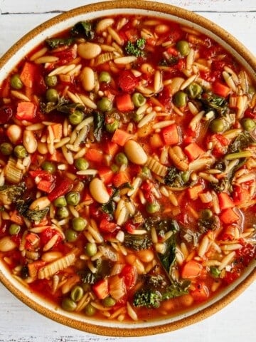 Top view of soup in a bowl.