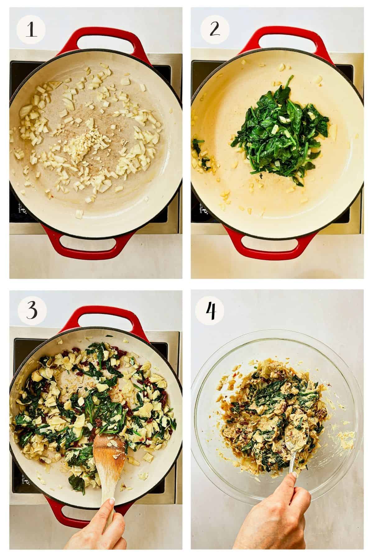 Step-by-step images showing how to make spinach and artichoke filling: 1) sautéed onions and garlic in a skillet, 2) wilted spinach added, 3) chopped artichokes and sun-dried tomatoes stirred in, 4) finished creamy filling mixed in a glass bowl