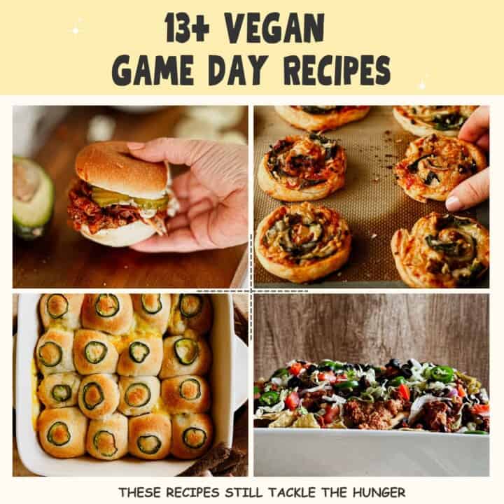 collage of 4 different vegan game day recipes.