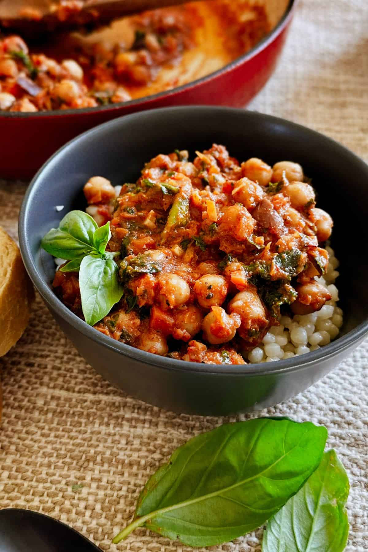 bowl of tomato chickpea stew.