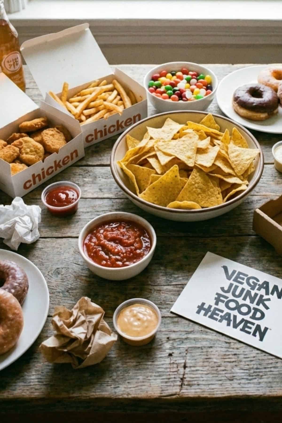 Table filled with vegan junk food including fries, nuggets, tortilla chips, donuts, candy, and dipping sauces with a “Vegan Junk Food Heaven” sign.