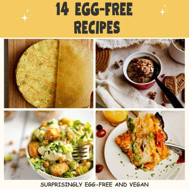 pin cover for a post on egg free recipes. Contains a collage for several recipes.