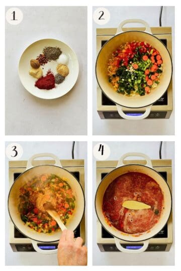 Steps 1-4: mixed seasonings, diced vegetables in a pot, vegetables cooking with spices, and tomato broth with a bay leaf.