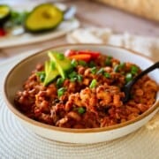 vegan chili mac and cheese in a bowl.