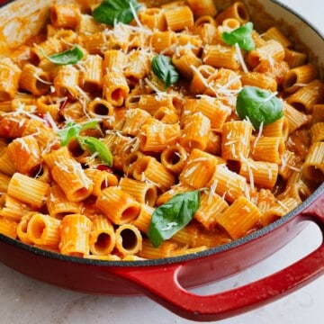 vegan vodka sauce with pasta in a pan.