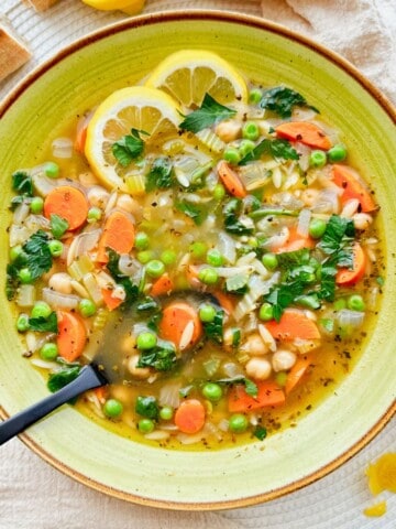 bowl of Lemony Orzo Chickpea Soup.