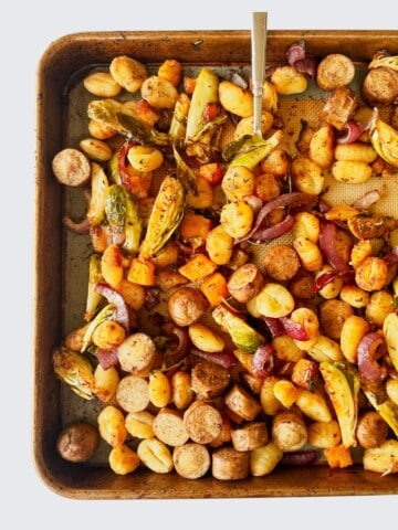 Sheet Pan Gnocchi with Maple-Dijon Glaze on a sheet pan.