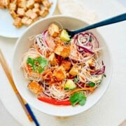 spring roll salad in a bowl with a fork.