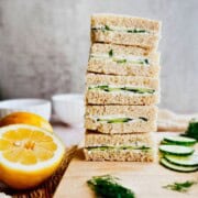 stack of vegan cucumber sandwiches.