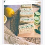 pin with cucumber sandwiches and an overlay with the words vegan cucumber sandwiches.