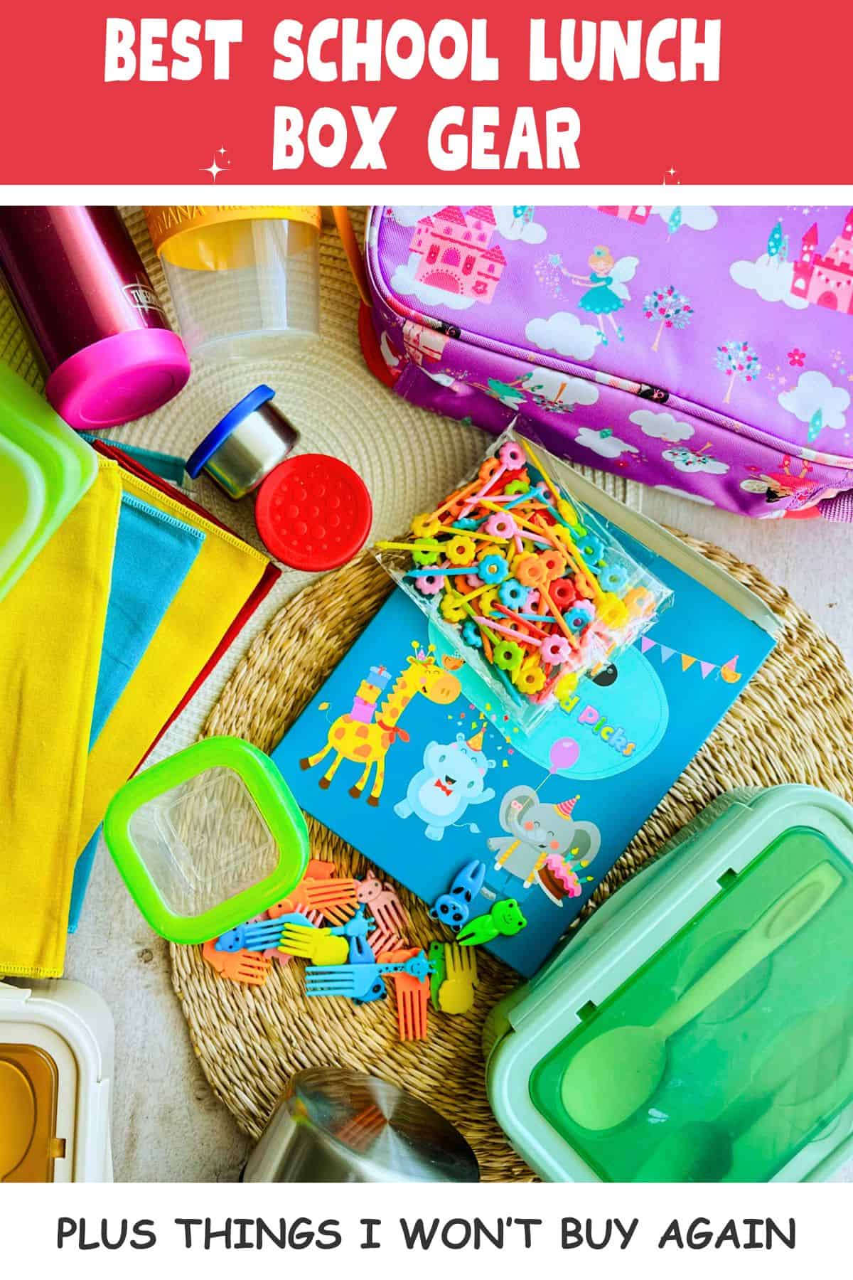 picture showing the gear I recommend like napkins, containers, lunch box, thermos, and bento box.