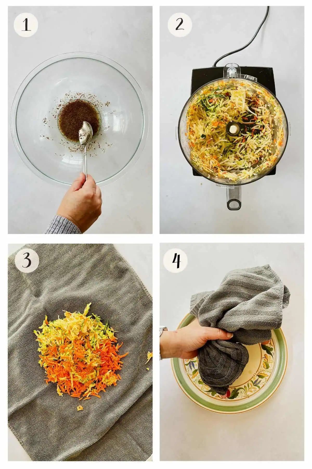 Step 1–4 collage of Zucchini Carrot Apple Bread showing flax egg preparation, shredding zucchini, carrot, and apple in a food processor, and squeezing out moisture using a towel over a plate.
