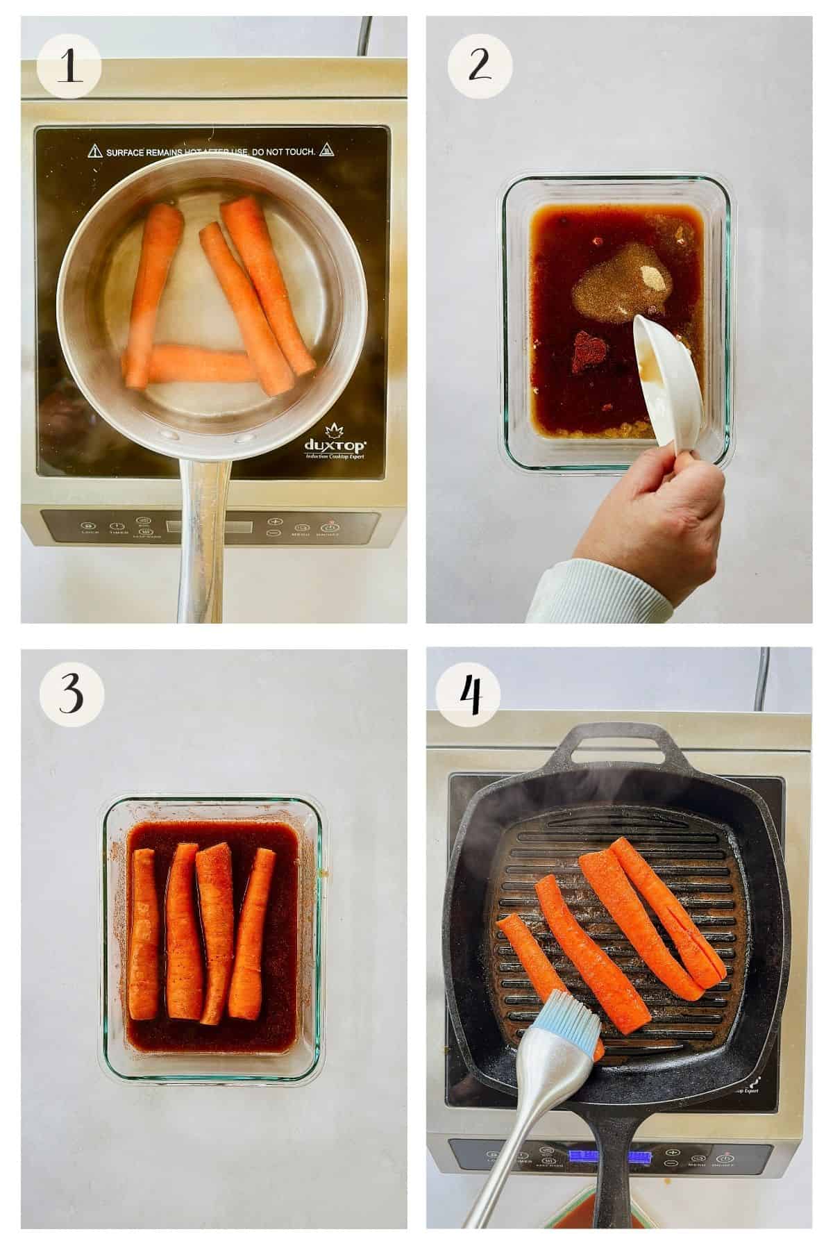 Four cooking steps show the process of making vegan carrot dogs: Step 1 shows carrots being boiled on a stovetop, Step 2 shows a hand pouring marinade ingredients into a glass dish, Step 3 shows the boiled carrots soaking in the marinade, and Step 4 shows the marinated carrots grilling in a cast iron pan while being brushed with more marinade.