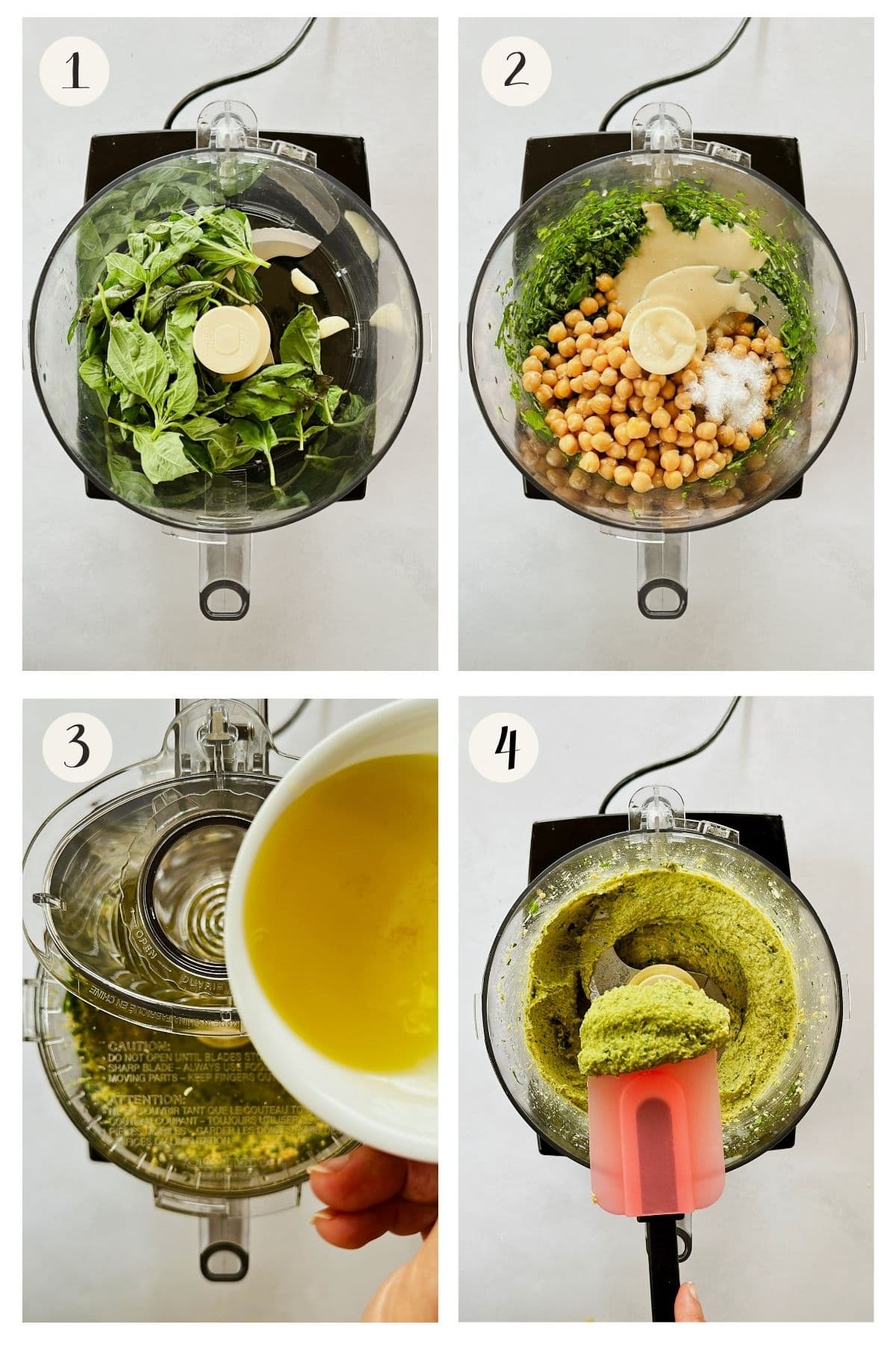Collage of four images showing how to make basil hummus in a food processor. Step 1: Fresh basil and garlic cloves in a food processor. Step 2: Chickpeas, tahini, chopped basil, lemon juice, and salt added. Step 3: Olive oil being poured into the food processor while blending. Step 4: Smooth, creamy herbed green hummus shown with a spatula inside the processor.