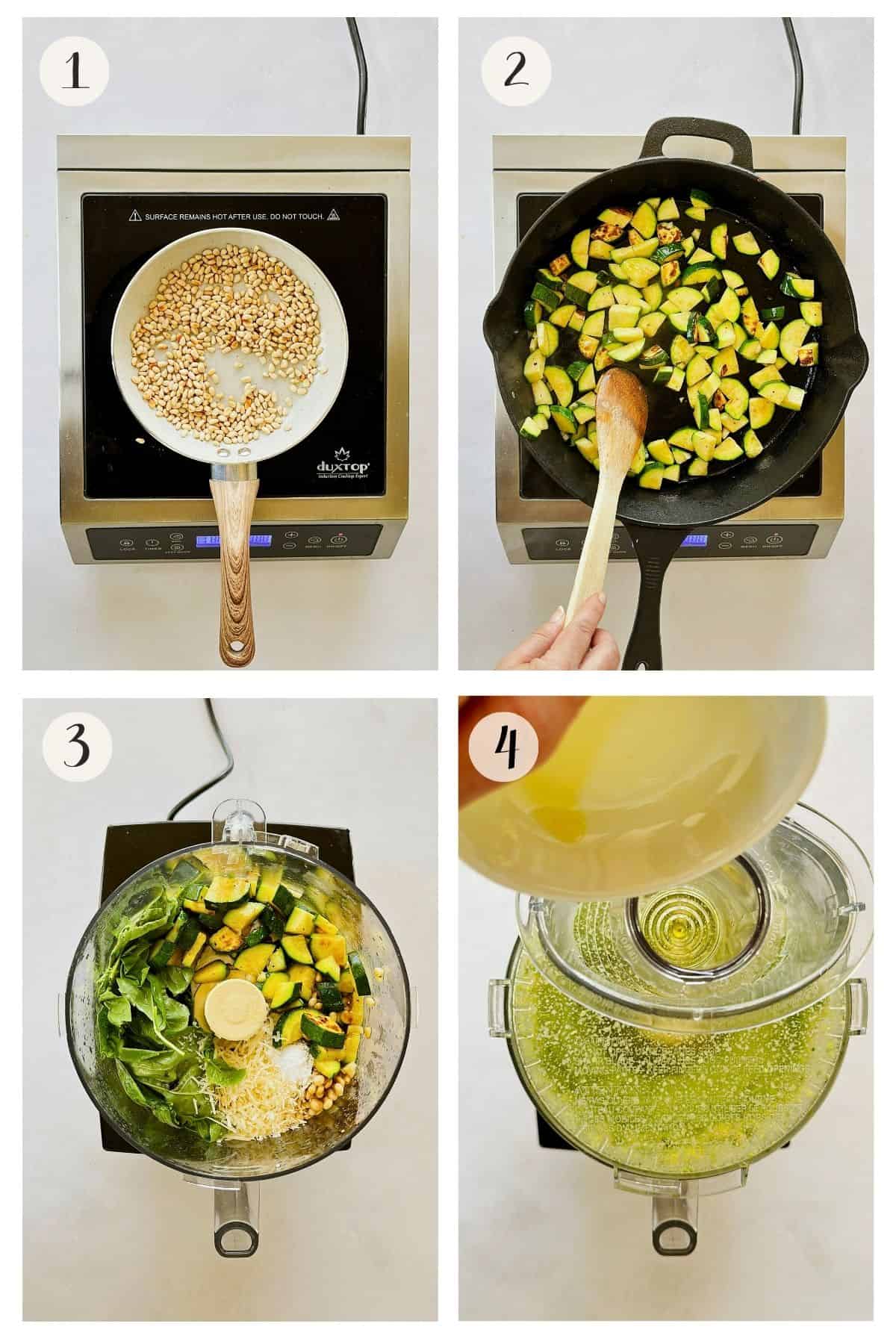 Step-by-step images showing how to make zucchini pesto: (1) Toasting pine nuts in a white pan, (2) sautéing chopped zucchini in a black cast iron skillet, (3) adding cooked zucchini, basil, vegan parmesan, and other ingredients to a food processor, (4) drizzling olive oil into the food processor while blending.