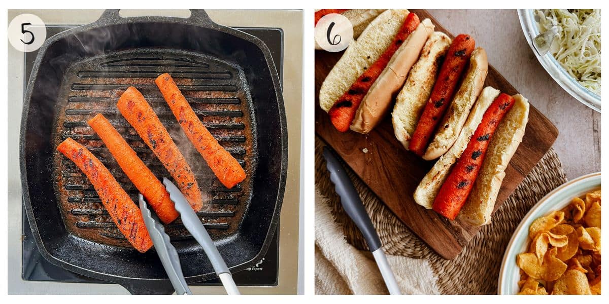 Two final steps of making vegan carrot dogs: Step 5 shows the carrots getting charred grill marks while cooking in a pan, and Step 6 shows the finished carrot dogs nestled in toasted hot dog buns, ready to serve with coleslaw and chips.