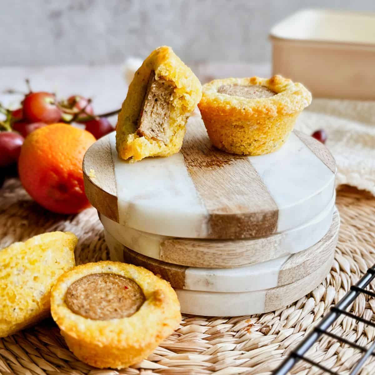 Close-up of vegan corn dog bites, one with a bite taken out, displayed on a marble and wood stack with grapes and oranges in the background.