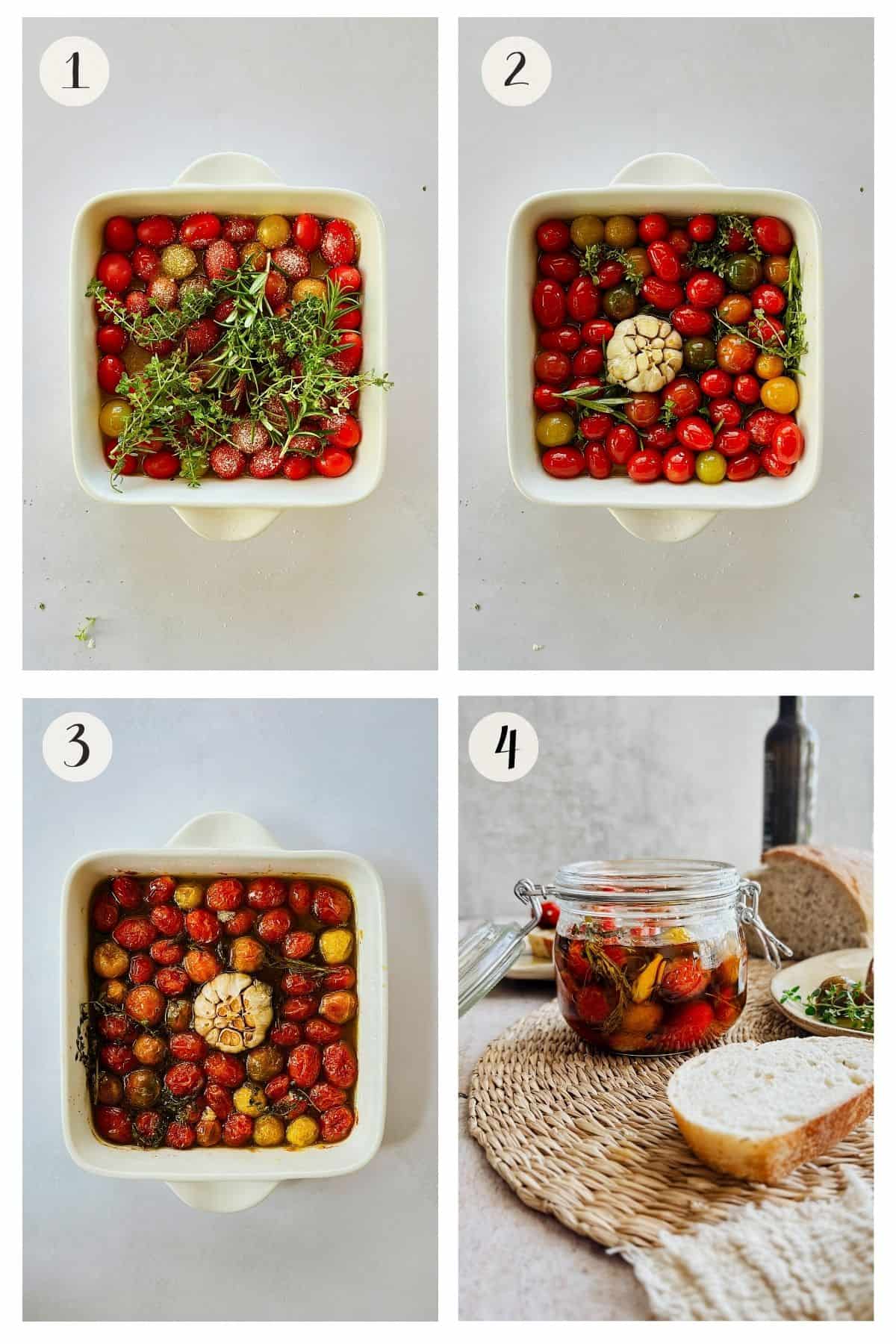 Step-by-step collage showing how to make tomato confit: (1) Cherry tomatoes, herbs, and oil in a white baking dish; (2) A cut garlic head is added; (3) Tomatoes after slow roasting, blistered and juicy; (4) Finished tomato confit stored in a glass jar, ready to serve with crusty bread.