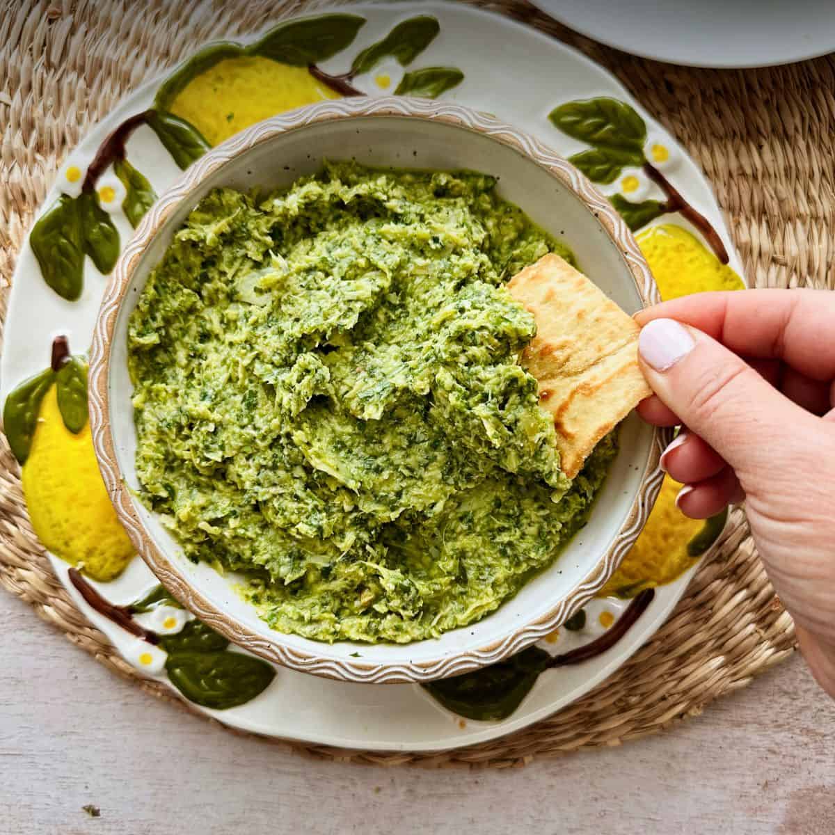 Lemony Arugula Artichoke Dip