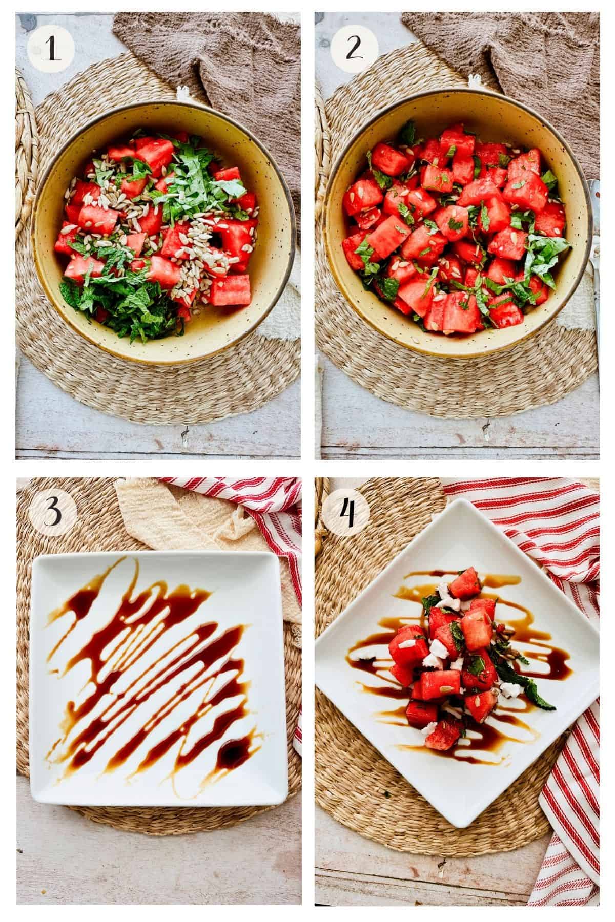 Four-step photo collage showing mixing ingredients in a bowl, drizzling balsamic glaze on a plate, and plating the finished salad.