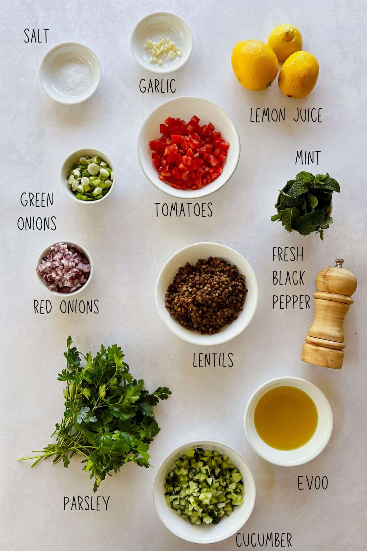 Lentil tabbouleh ingredients on a light surface: bowls of lentils, cucumbers, tomatoes, onion, herbs, lemon juice, olive oil, and spices.