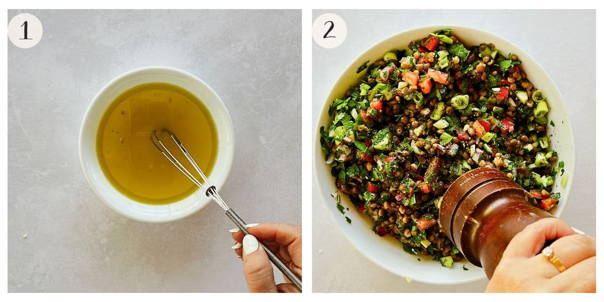 Two-step collage: whisking olive oil, garlic, lemon, and salt for dressing, then mixing fresh veggies and lentils for tabbouleh salad.