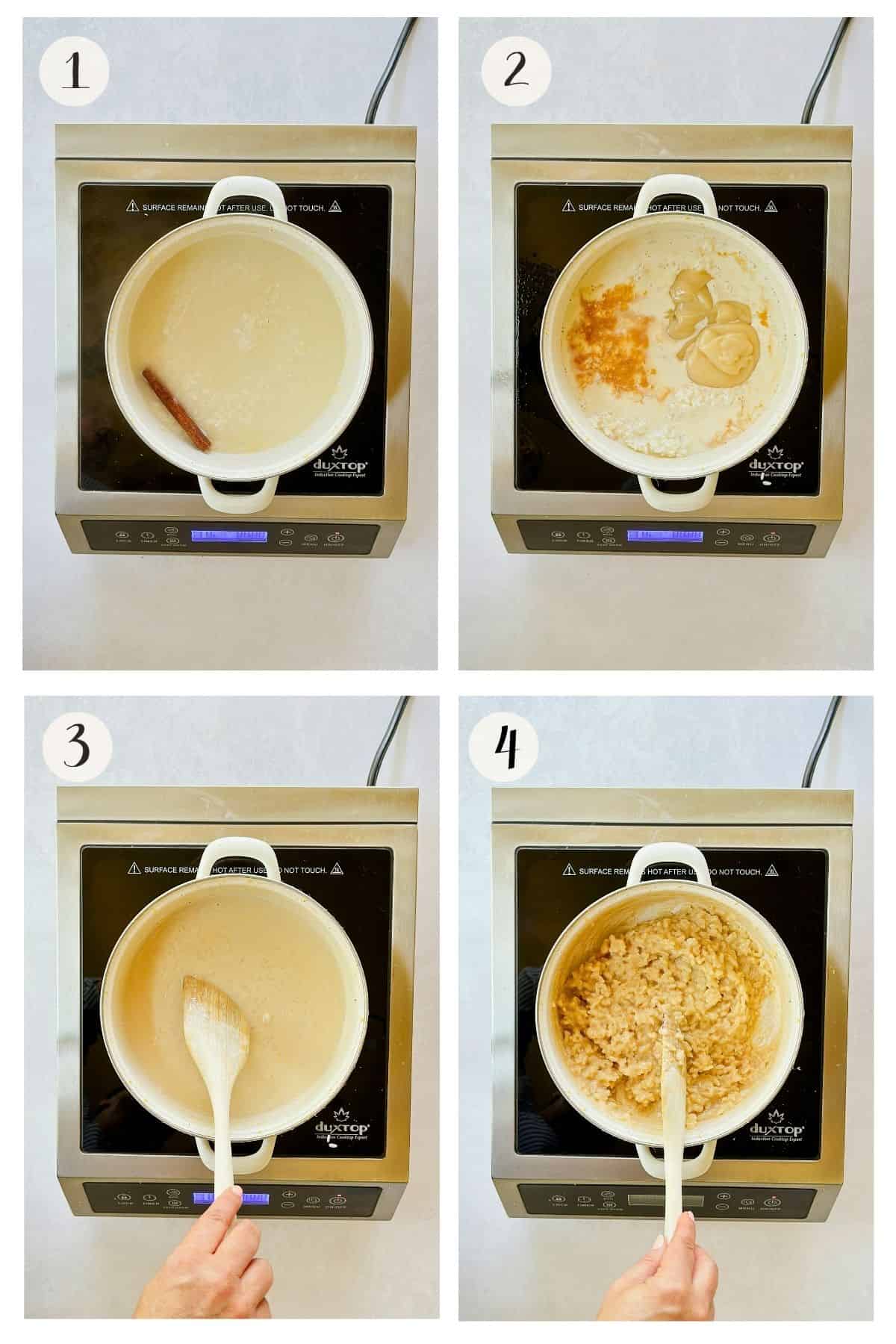 Four-step collage showing the process of making vegan rice pudding on the stovetop. Step 1: A white pot on an induction cooktop with rice and water simmering, lemon zest, and a cinnamon stick floating on top. Step 2: The rice mixture thickening as sweetened condensed oat milk and vanilla are added. Step 3: A wooden spoon stirring the creamy mixture as it cooks. Step 4: The rice pudding finished, thick and creamy, being stirred with a wooden spoon.