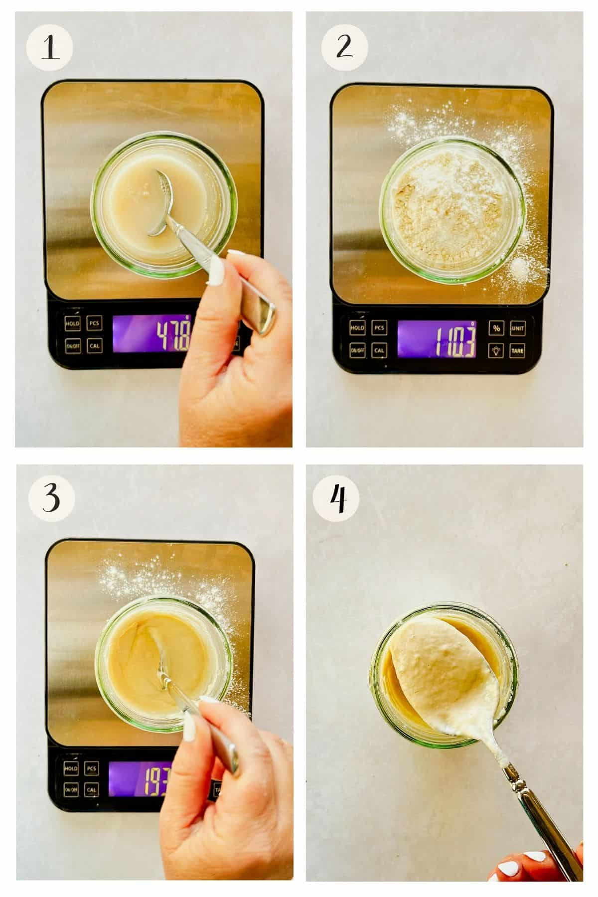 4 Step-by-step photos showing the preferment for Cuban bread: 1) yeast being stirred into water in a glass jar on a scale, 2) flour added into the yeast mixture, 3) the mixture being stirred into a thick batter, 4) the finished preferment showing a spoonful of bubbly, elastic dough.