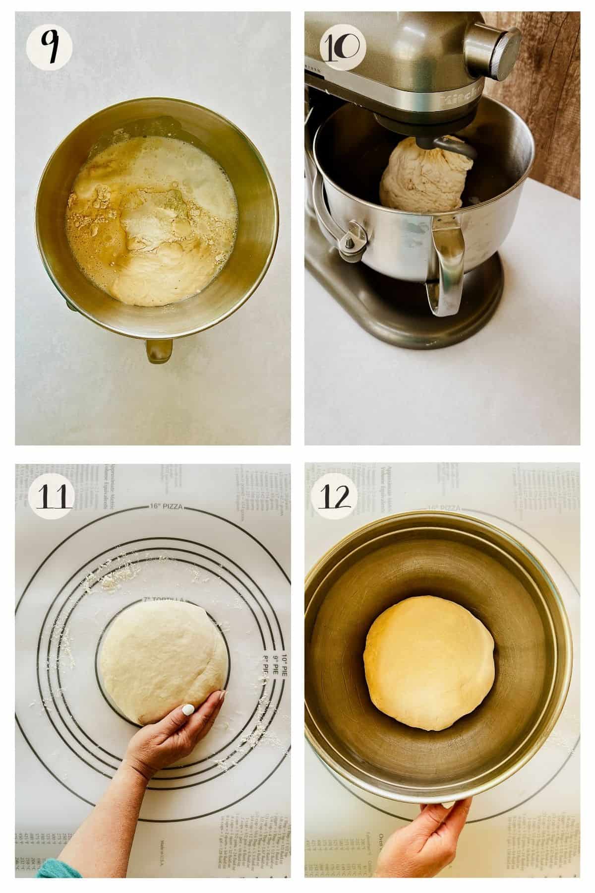 4 Step-by-step photos of making Cuban bread dough: step 9) preferment and starter combined in a mixing bowl with flour, 10) dough being kneaded in a stand mixer with a dough hook, 11) shaped ball of dough resting on a floured surface, 12) smooth dough ball placed in an oiled clean bowl ready for rising.