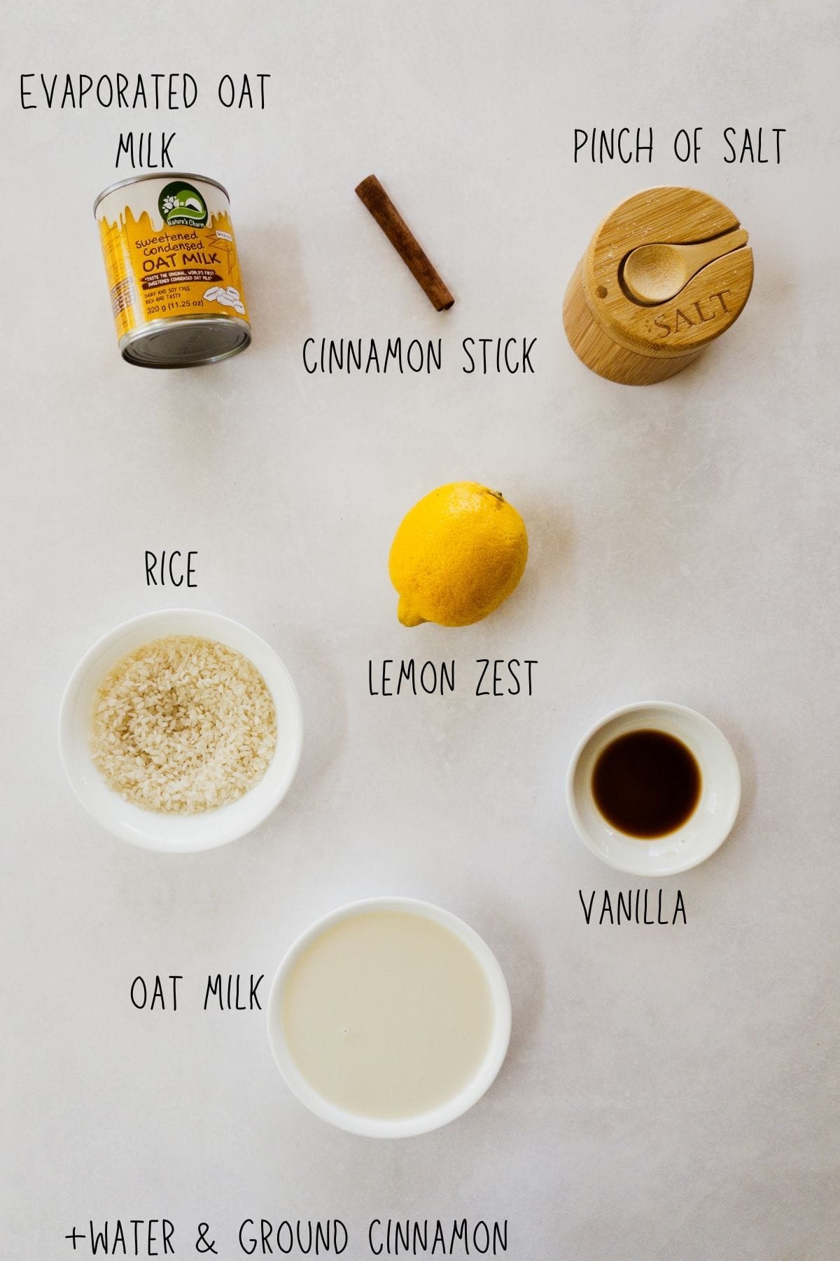 Overhead view of labeled ingredients for vegan rice pudding arranged on a light surface. A can of sweetened condensed oat milk, a wooden salt cellar marked 'salt,' a cinnamon stick, a whole lemon labeled zest, a small bowl of uncooked rice, a bowl of oat milk, and a dish of vanilla extract. Text on the image also notes water and ground cinnamon as additional ingredients.