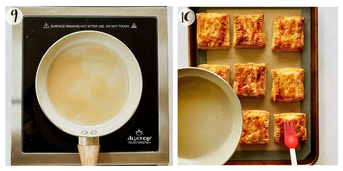 Steps 9-10 collage:
A collage showing the final steps of the recipe. In step 9, a saucepan with sugar and water is simmering on the stove to make a simple syrup. In step 10, the golden-brown pastelitos are fresh out of the oven, and a hand brushes them with the warm syrup for a glossy, bakery-style finish.