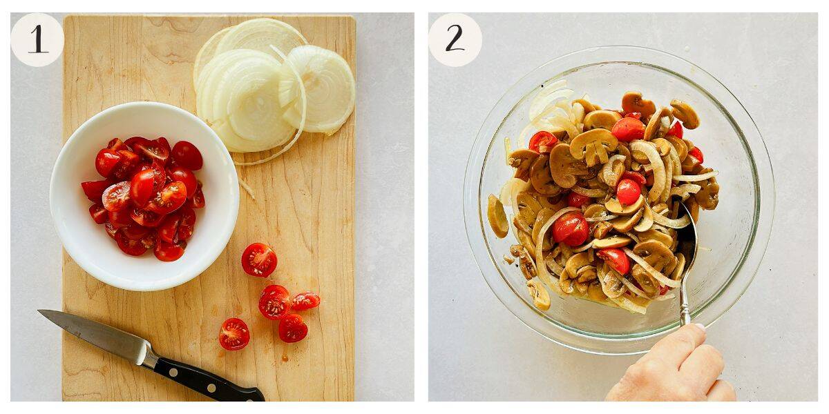Step-by-step of Easy Mushroom Salad: sliced onions and halved cherry tomatoes on a cutting board, then mixed with canned mushrooms in a bowl with dressing.