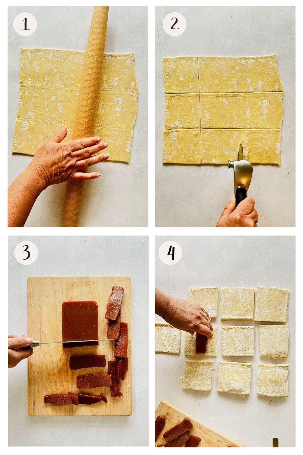 Steps 1-4 collage:
A collage showing four steps in making pastelitos. In step 1, a hand gently rolls out a sheet of puff pastry with a rolling pin. In step 2, the pastry is cut into nine equal squares using a rolling pizza cutter. Step 3 shows a block of guava paste being sliced into thick pieces on a wooden cutting board. In step 4, a hand places the guava slices onto the center of the pastry squares, getting them ready to be topped and sealed.