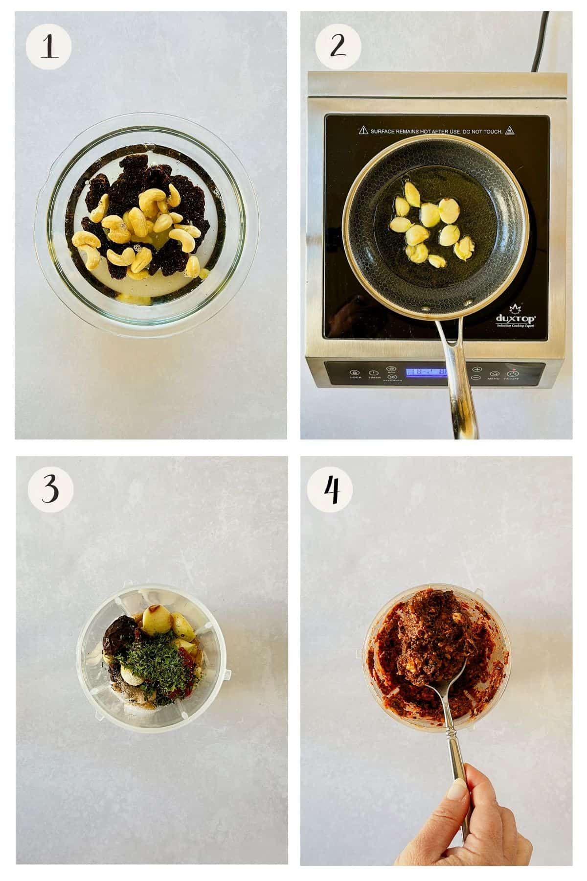 Step-by-step photos showing how to make Sun-Dried Tomato Spread: soaking cashews and tomatoes, simmering garlic in olive oil, blending ingredients, and the finished spread in bullet.