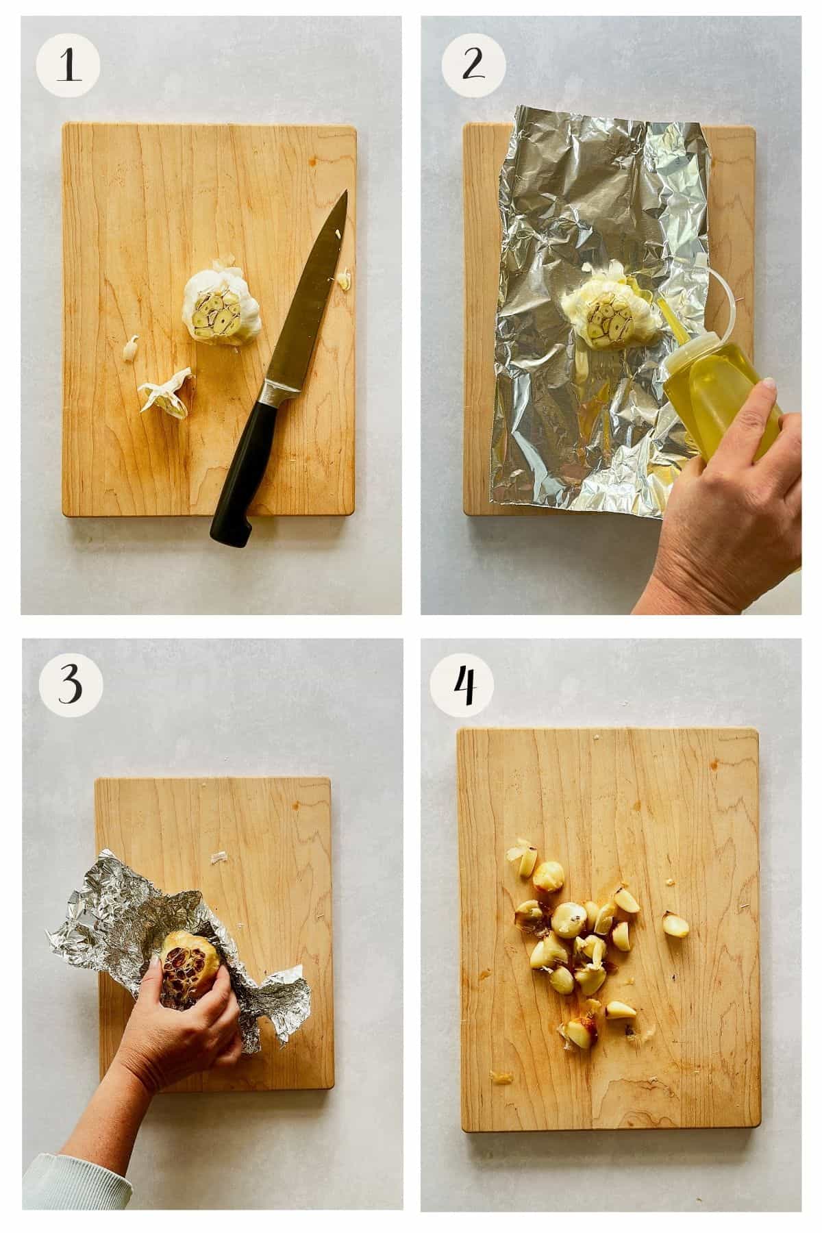 Step-by-step collage showing how to roast garlic: trimming the top, drizzling with olive oil on foil, roasting until golden, and peeling soft cloves.
