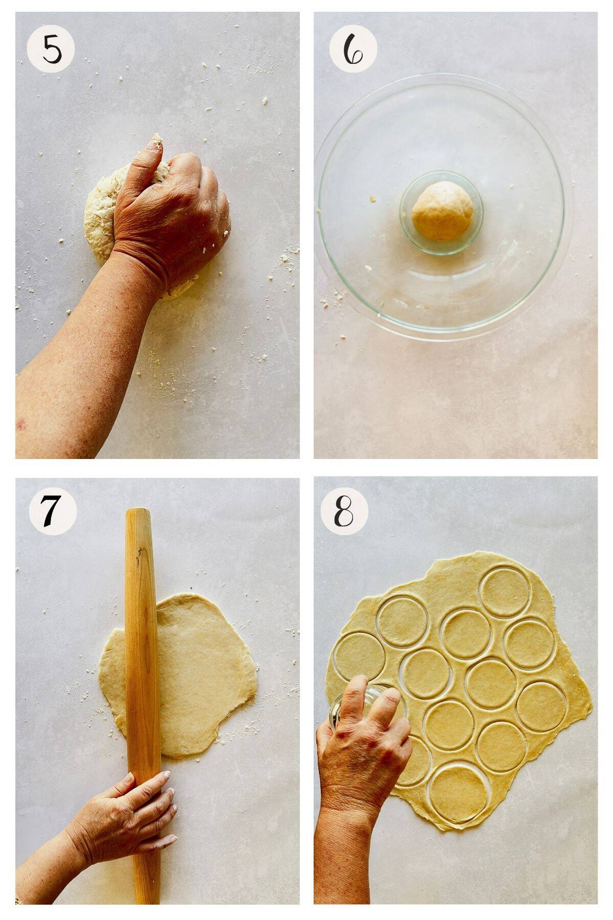 Four photos showing the dough being kneaded, rested in a bowl, rolled out flat with a rolling pin, and cut into round cracker shapes with a small cutter.