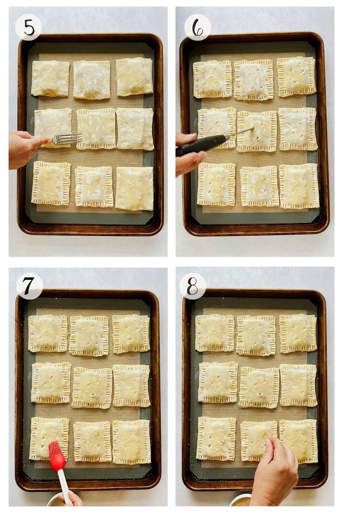Steps 5-8 collage:
A collage of four images showing how to seal and prep the pastelitos. In step 5, a hand crimps the pastry edges with a fork. Step 6 shows small holes being poked on top of each pastry with a knife to let steam escape. In step 7, the tops are brushed with plant milk, and in step 8, sugar is sprinkled over them before baking.