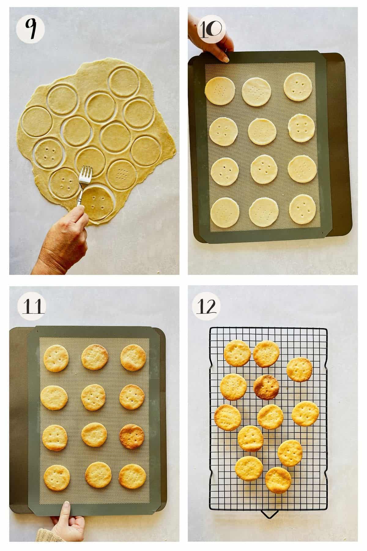 Four images showing holes being pricked in the dough circles, crackers placed on a baking sheet, baked to golden brown, and cooling on a wire rack.