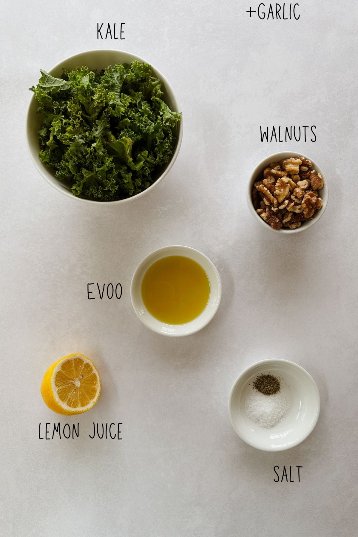 Overhead view of labeled ingredients for kale walnut pesto: kale, walnuts, olive oil (EVOO), lemon juice, garlic, salt, and pepper on a light background.