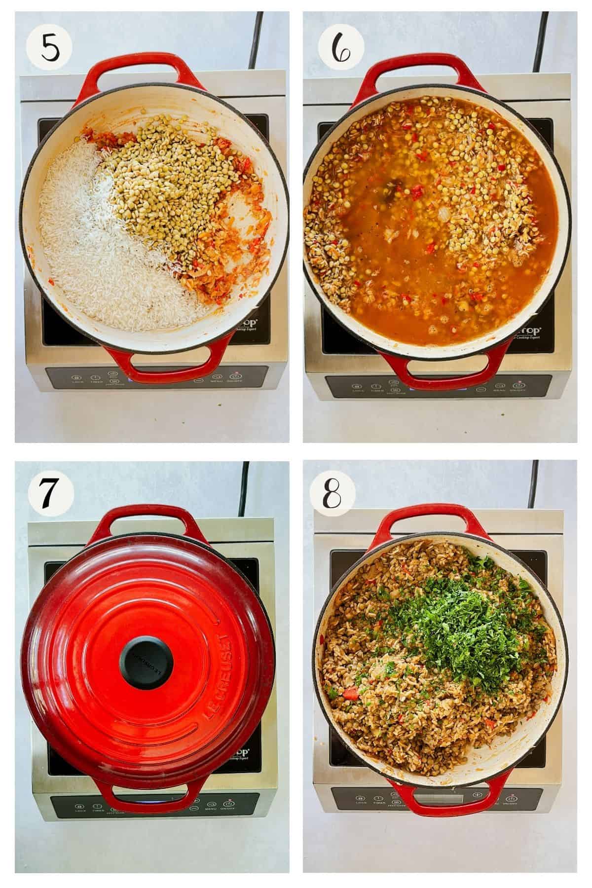 Cooking process for one-pot lentils and rice steps 5-8 adding lentils and rice to the pot, pouring in broth, covering to simmer, then stirring in fresh parsley and lime before serving.