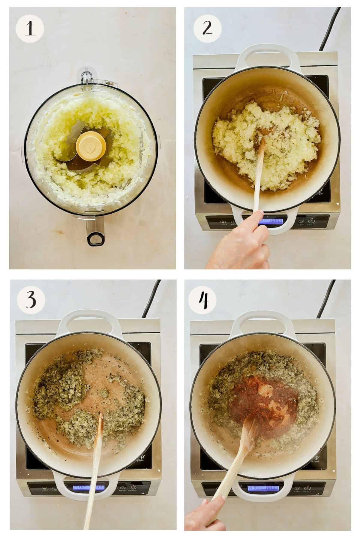 Step-by-step collage showing onion and garlic finely chopped in a food processor, sautéed in a pot, mixed with dried herbs, and tomato paste added to the center of the pot.