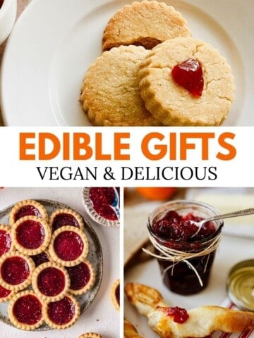 Collage graphic reading ‘Edible Gifts: Vegan & Delicious’ with photos of jam-filled cookies, fruit tarts, and a jar of jam with pastries.