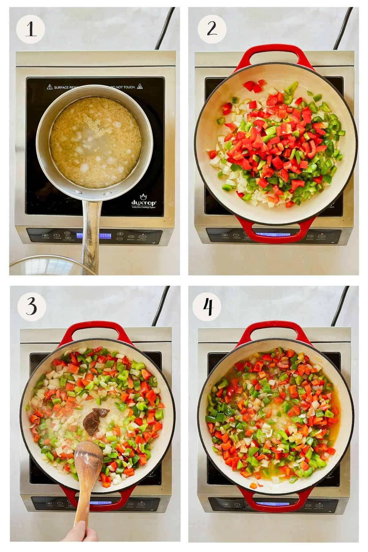Four-step collage showing rice cooking, peppers and onion sautéing, vegetable paste added, and vegetables simmering in broth in a red skillet.