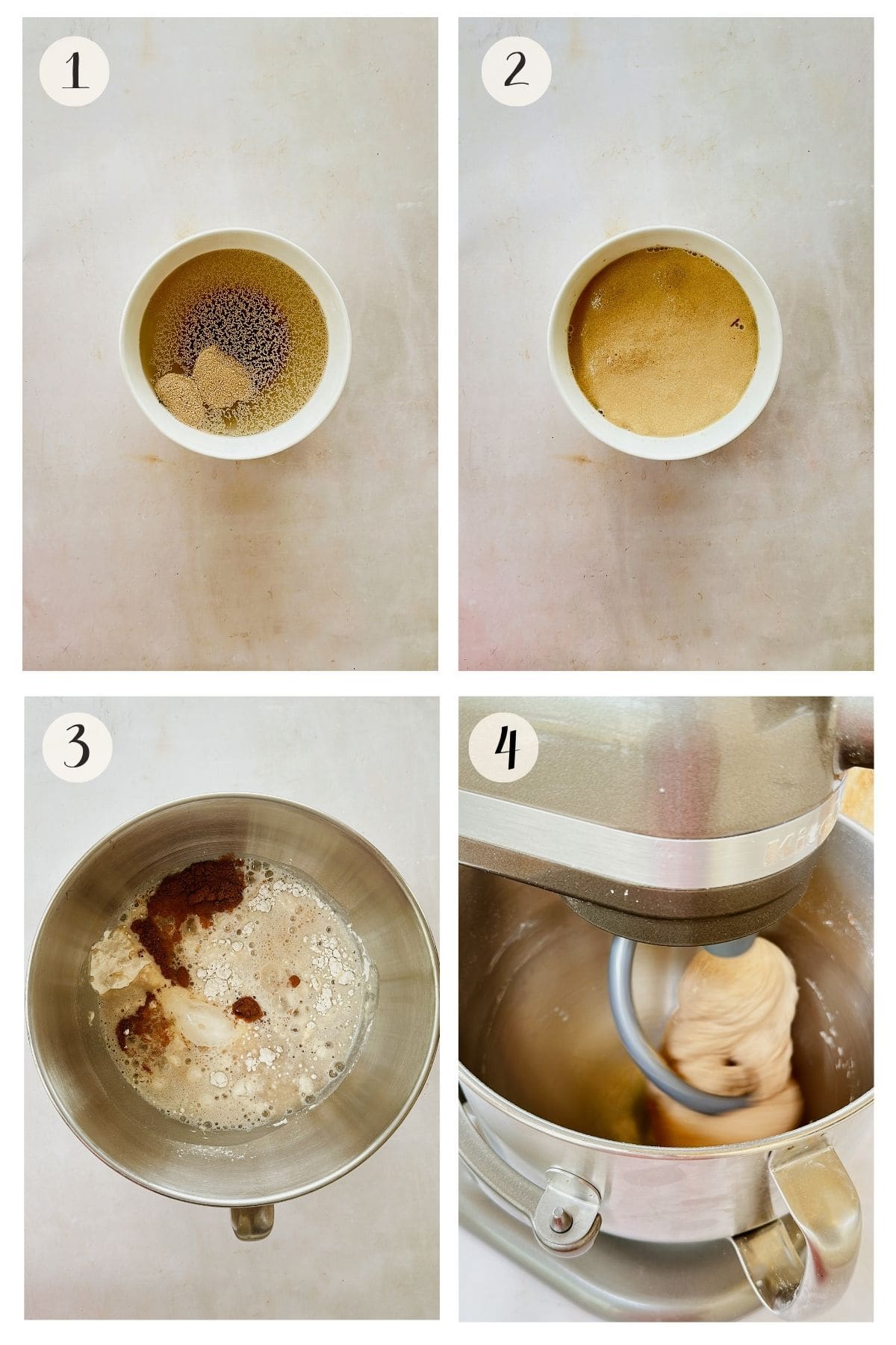 Step-by-step collage showing yeast blooming in warm water, dry ingredients added to a stand mixer, and dough beginning to knead with a dough hook.