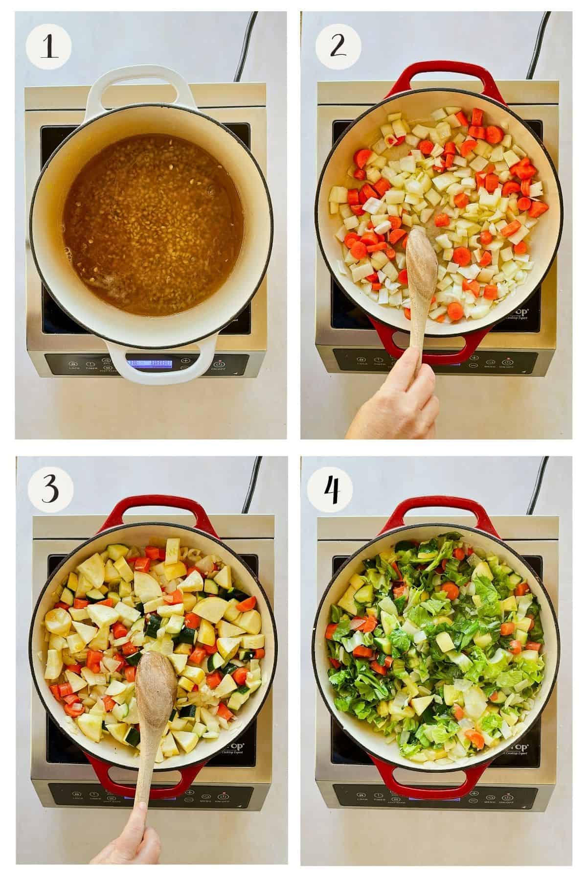 Four-step collage showing lentils simmering, onions and carrots sautéing, zucchini and squash added, then escarole wilted into vegetables.